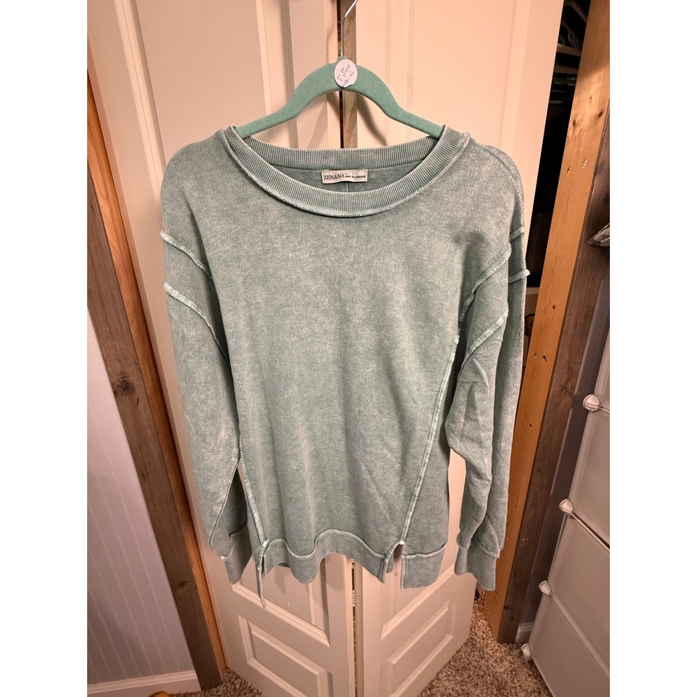 Zenana Women Sage Green Mineral Wash Exposed Seam Oversized Sweatshirt Pullover